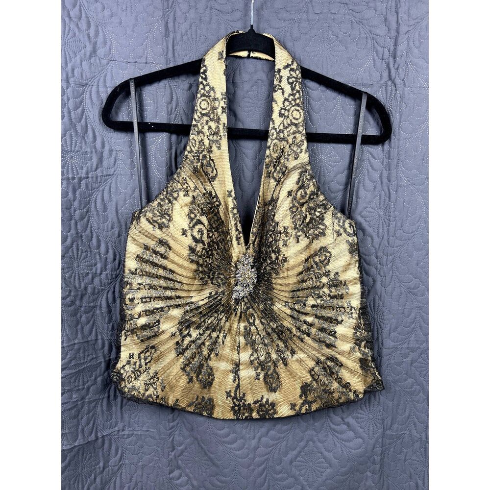 Ignite Evenings Women's Bustier Halter Top Gold w/Black Lace SZ 12: Pre-Owned